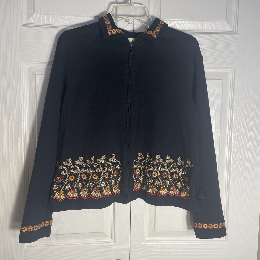 Vintage Bechamel Jacket Women L Black Floral 90s Embroidered‎ Zip Up Cotton Top